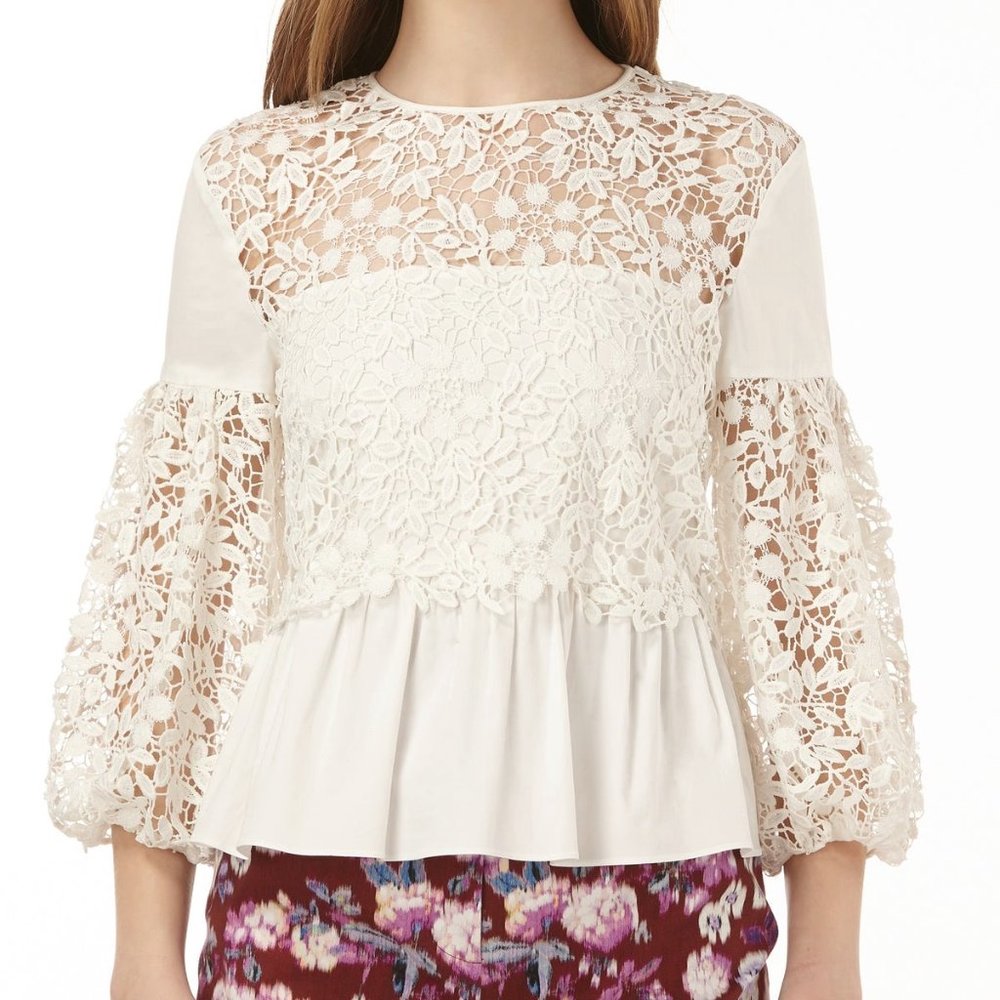 Amur Mona White Lace Crochet Organic Poplin Top Size Large NWT